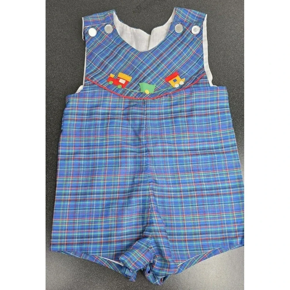 Vintage Baby Boy Blue Green Plaid Romper Shortalls Button Cotton